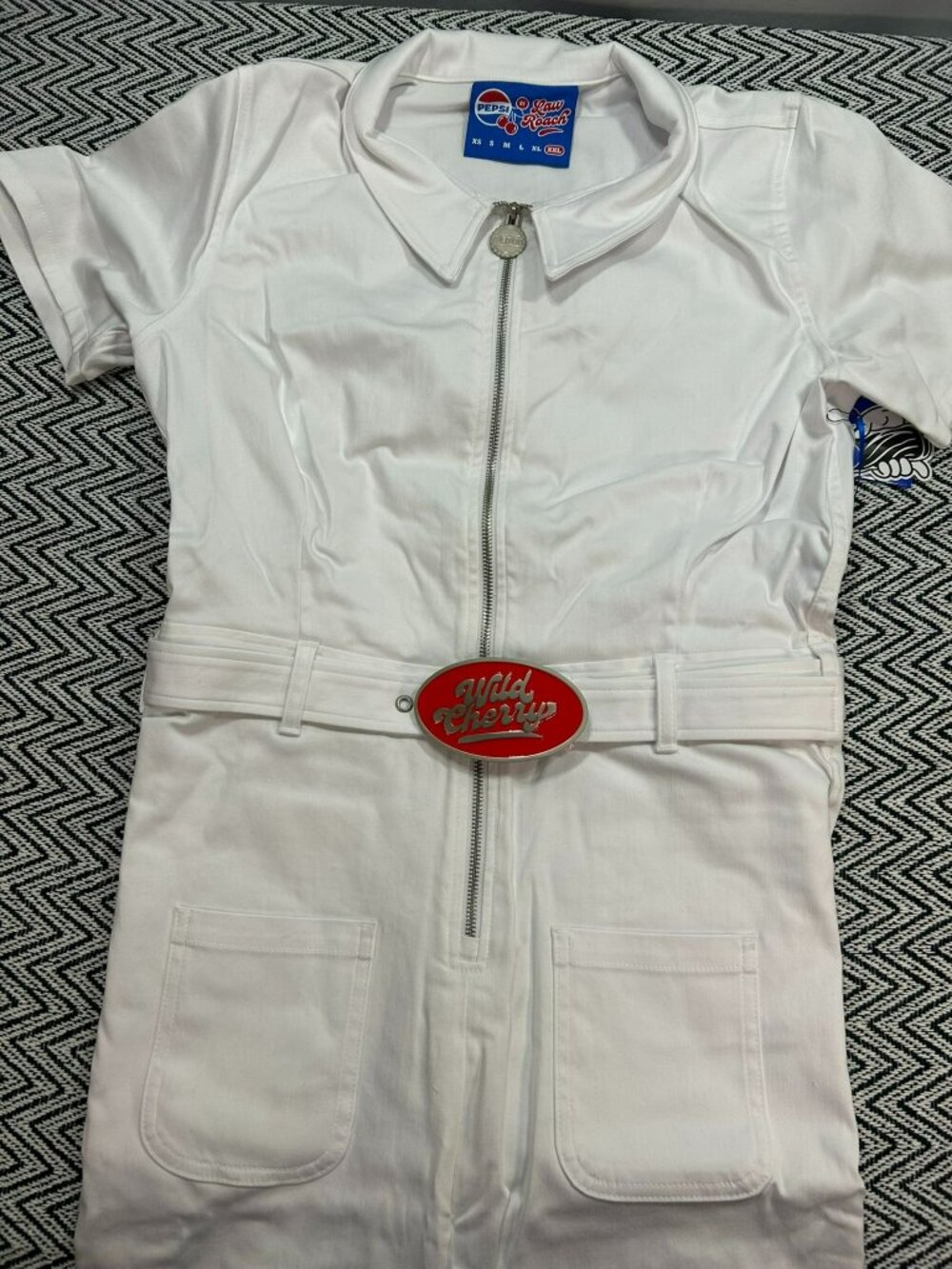 PEPSI x Law Roach Wild Cherry Collection White Denim Jumpsuit Flair Leg NWT - Picture 2 of 7